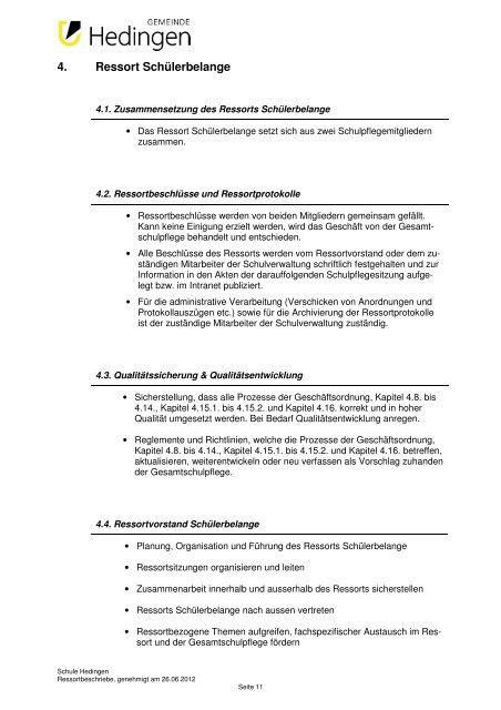 Ressort-Beschriebe der Schulpflege - Schule Hedingen