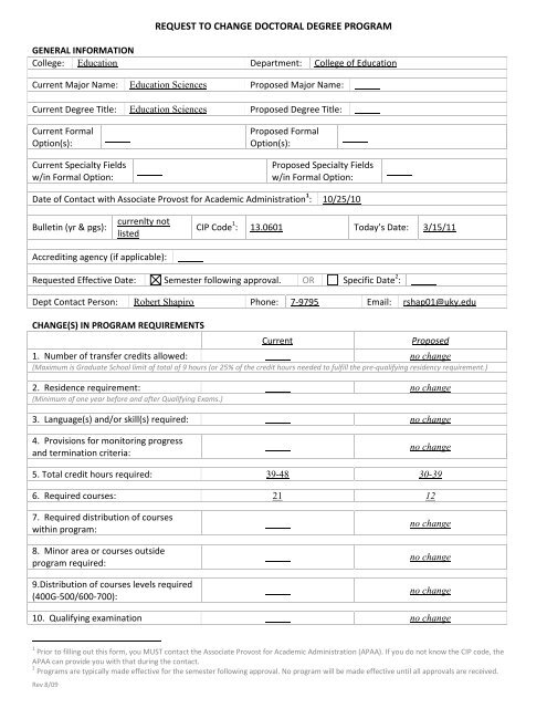 Request for Change in Doctoral Degree Program - College of ...