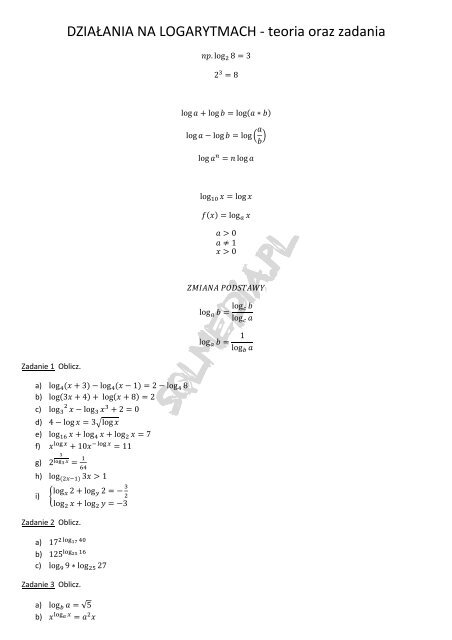 DZIAŁANIA NA LOGARYTMACH - teoria oraz zadania - Sqlmedia.pl