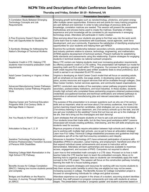 NCPN Title and Descriptions of Main Conference Sessions