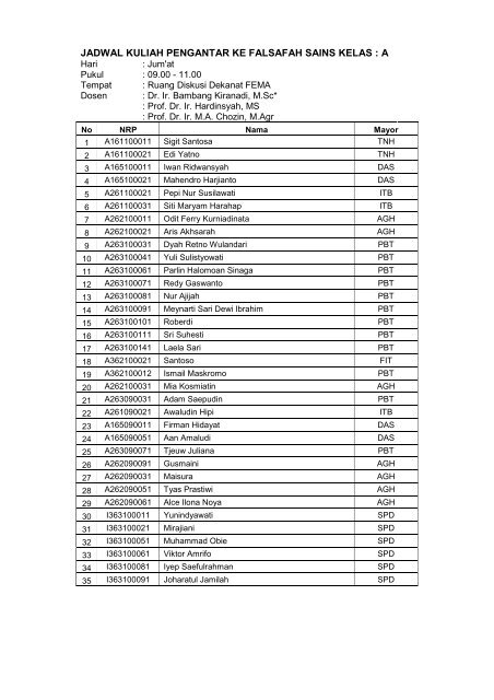 JADWAL KULIAH PENGANTAR KE FALSAFAH SAINS KELAS : A
