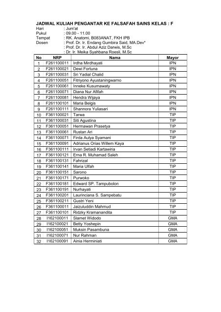 JADWAL KULIAH PENGANTAR KE FALSAFAH SAINS KELAS : A