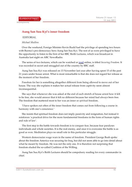 15 July 2011 Volume: 21 Issue: 13 North Korea's ... - Eureka Street