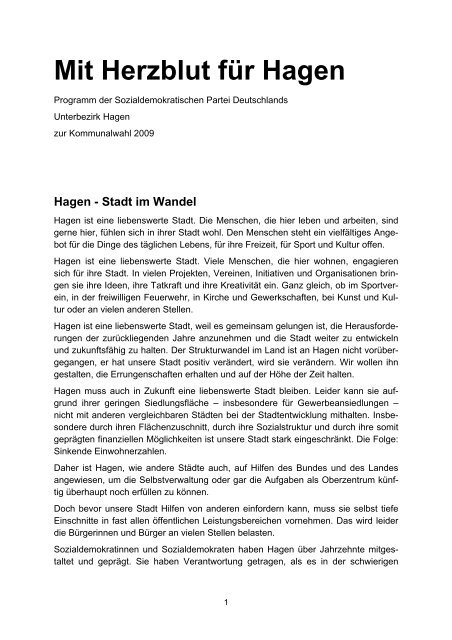Kommunalwahlprogramm 2009 - SPD-Unterbezirk Hagen