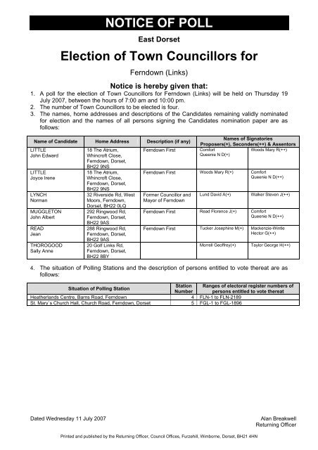 NOTICE OF POLL Election of Town Councillors for - Dorsetforyou.com