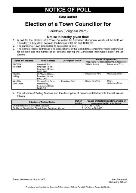 NOTICE OF POLL Election of Town Councillors for - Dorsetforyou.com