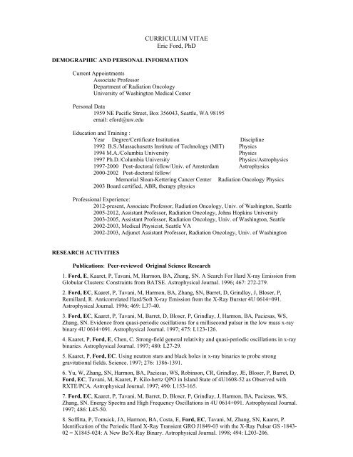 Curriculum Vitae Eric Ford Phd Department Of Radiation