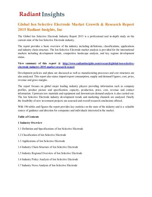 Global Ion Selective Electrode Market Growth & Research Report 2015 Radiant Insights, Inc.