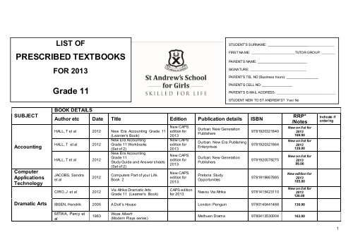 PRESCRIBED TEXTBOOKS Grade 11 - St Andrew's School for Girls