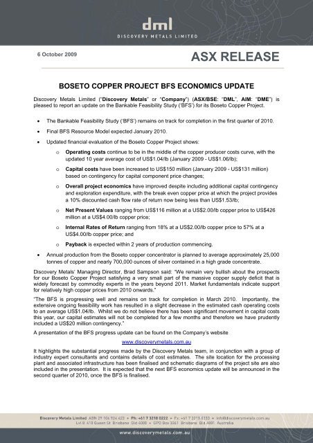 Boseto Copper Project BFS Economics Update - Discovery Metals ...