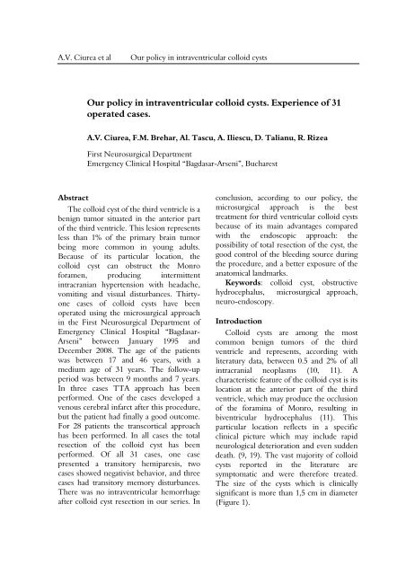 Our policy in intraventricular colloid cysts. Experience of 31 operated ...