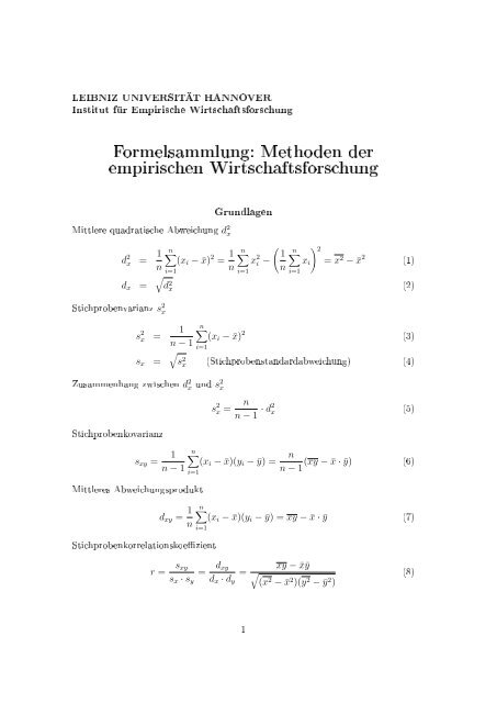 Formelsammlung: Methoden der empirischen Wirtschaftsforschung