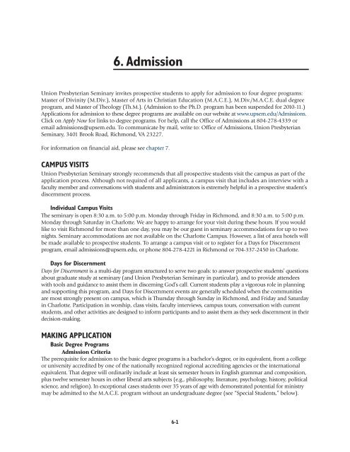 Academic Catalog 2010-2011 - Union Presbyterian Seminary