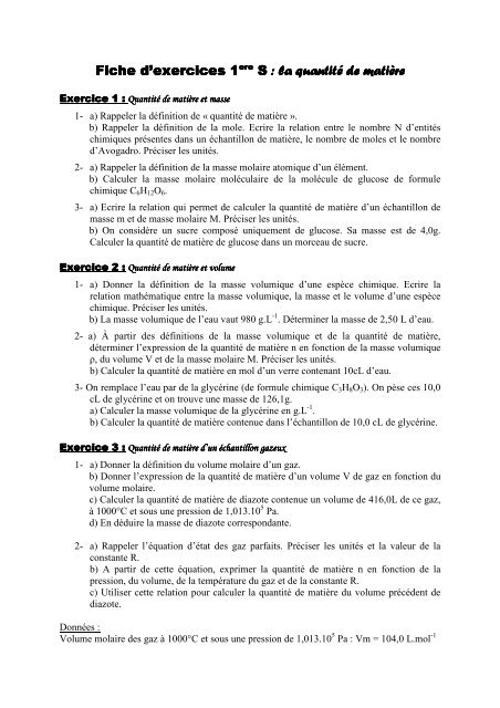 Fiche d'exercice la mole