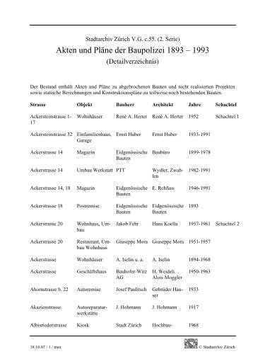 Stadtarchiv Zürich V - Stadt Zürich