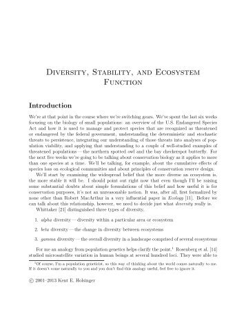 Diversity, Stability, and Ecosystem Function - Kent