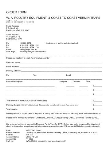 Order Form PDF - WA Poultry Equipment & Coast To Coast Vermin ...