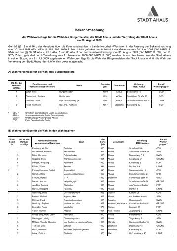 Bekanntmachung der Wahlvorschläge für die Wahl des - Stadt Ahaus