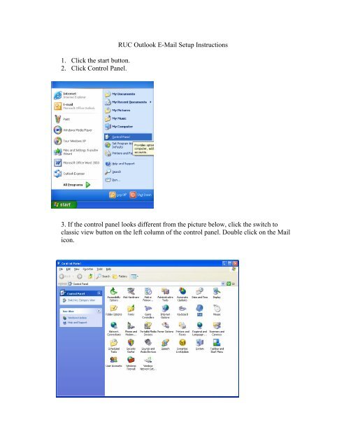Ruc Outlook E-mail Setup Instructions 1. Click The Start Button. 2 