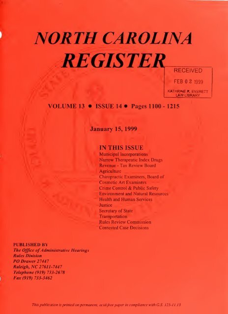 NC Register Volume 13 Issue 14 - Office of Administrative Hearings