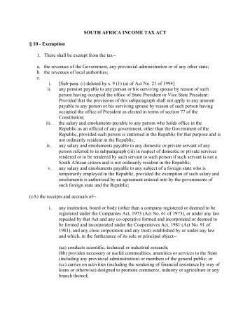 SOUTH AFRICA INCOME TAX ACT Â§ 10 - Exemption 1 ... - USIG