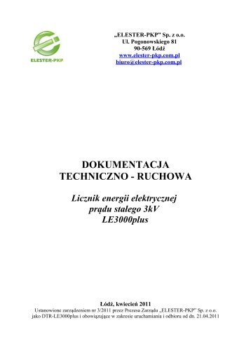 Dokumentacja Techniczno Ruchowa LE3000plus - Elester PKP