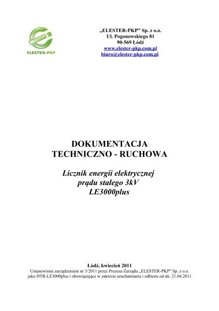 Dokumentacja Techniczno Ruchowa LE3000plus - Elester PKP