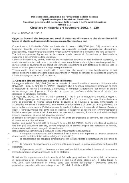 Circolare Ministeriale n. 120 del 4 novembre 2002 - Congedi per ...