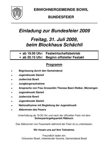 Einladung zur Bundesfeier 2009 - Bowil