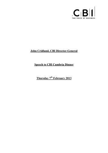John Cridland, CBI Director-General Speech to CBI Cumbria Dinner ...