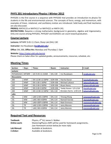 PHYS 201 Introductory Physics I Winter 2012 Course Lecture ...