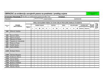 OBRAZAC za evidenciju osvojenih poena na predmetu i predlog ...