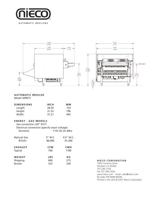 Nieco Model MPB73 Specification Sheet - Celco