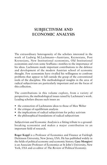 Subjectivism and Economic Analysis: Essays in memory of Ludwig ...