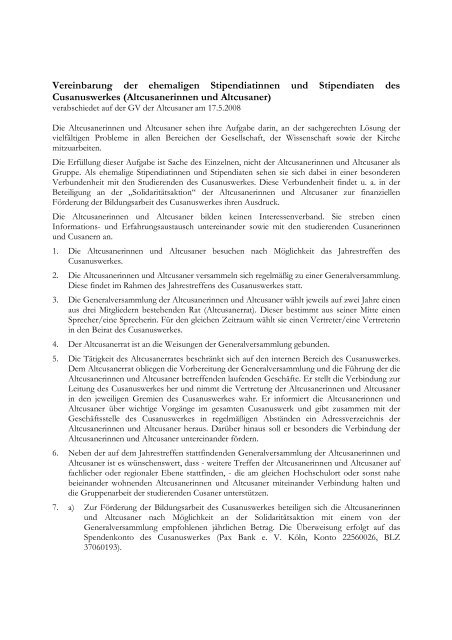 Vereinbarung der ehemaligen Stipendiatinnen und ... - Cusanuswerk