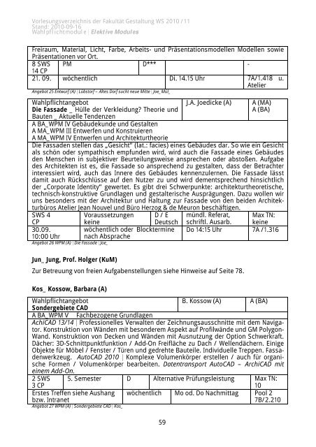 Entwurf VVZ WS 2010_11 - Fakultät Gestaltung der Hochschule ...