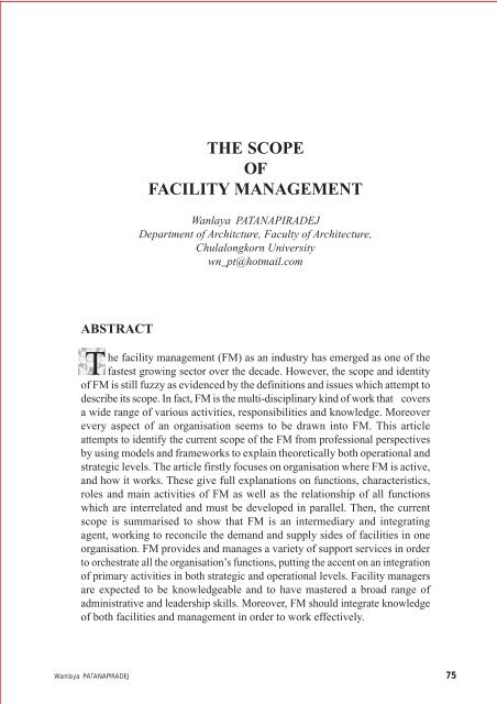THE SCOPE OF FACILITY MANAGEMENT - Faculty of Architecture