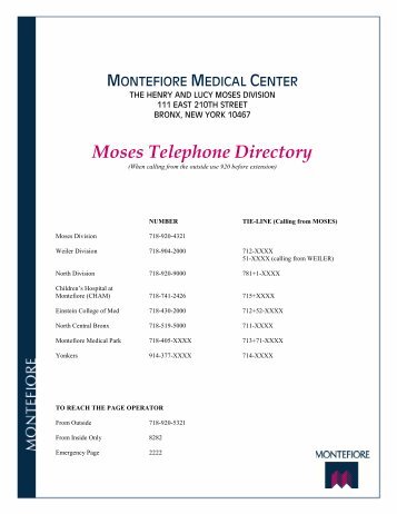 Moses Telephone Directory - Montefiore Medical Center