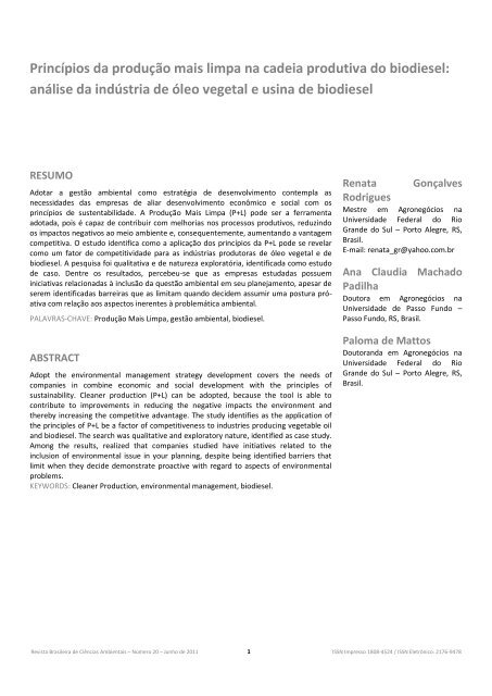 Princípios da produção mais limpa na cadeia produtiva do biodiesel ...