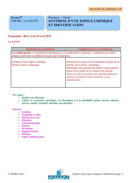 synthese d'une espece chimique et identification - Pierron