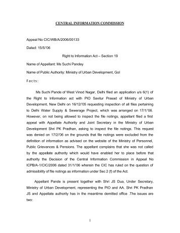 1 CENTRAL INFORMATION COMMISSION Appeal No CIC/WB/A ...