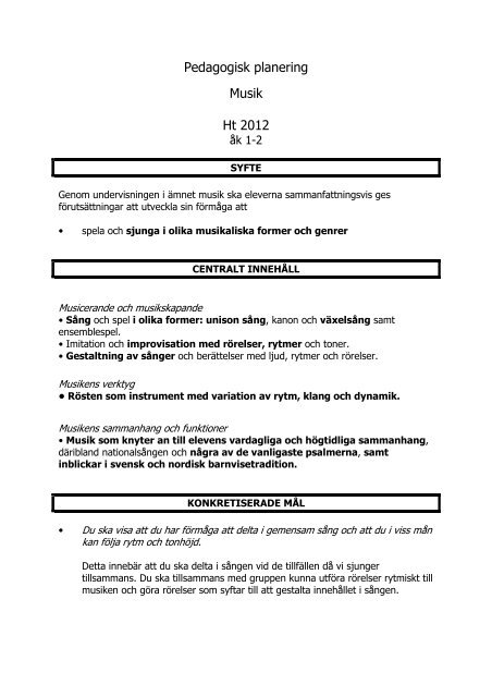 Pedagogisk planering Musik Ht 2012