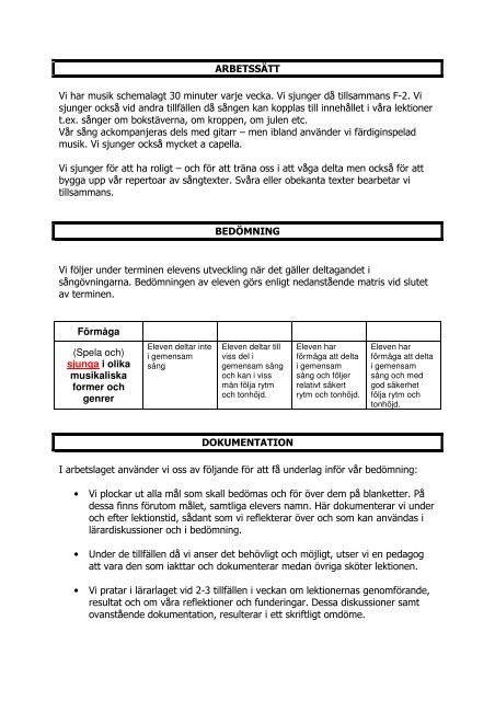 Pedagogisk planering Musik Ht 2012