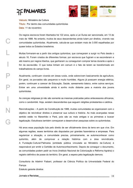 Capa e Índice - Fundação Cultural Palmares