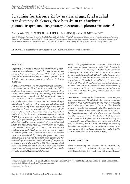 Screening for trisomy 21 by maternal age, fetal nuchal translucency ...