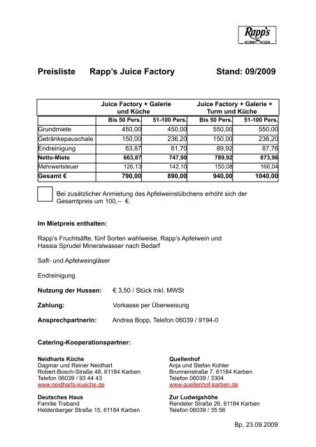 Preisliste Rapp's Juice Factory Stand: 09/2009