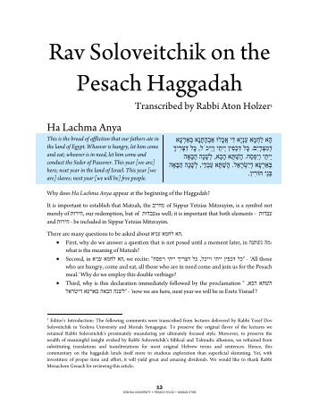 Rav Soloveitchik on the Pesach Haggadah