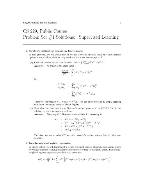 CS 229, Public Course Problem Set #1 Solutions: Supervised ...