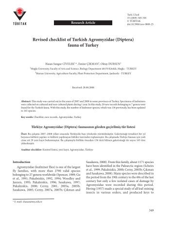 Revised checklist of Turkish Agromyzidae (Diptera) fauna of Turkey