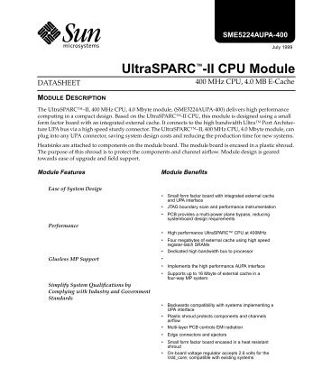 Data Sheet: UltraSPARC II 400 MHz CPU, 4.0 MB E-Cache